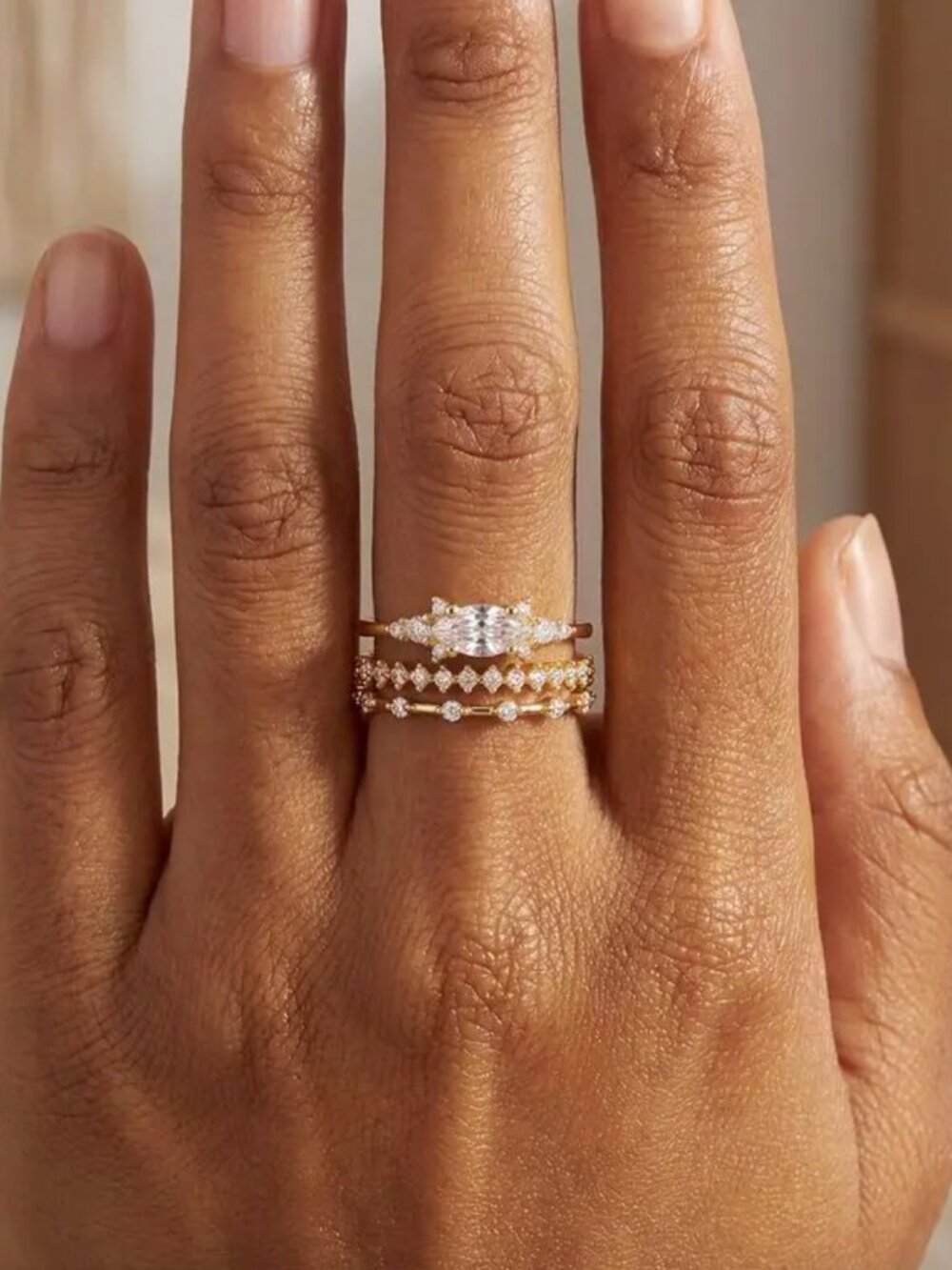NEW 18k Yellow Gold Diamond Ring Set of 3 Rings Gold Dainty Stackable Ring Band